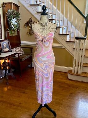 No Comment retro swirl print mesh midi dress